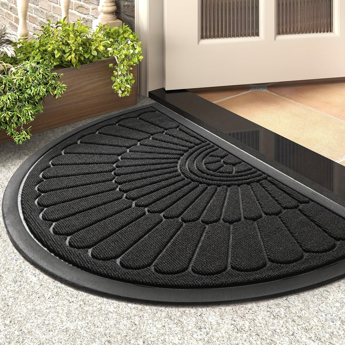 Half-Moon Entryway Mat 17x30in Grip-Back Rubber Construction Mud-Trapping Surface Indoor Outdoor Use All-Weather for Front Door Back Porch H