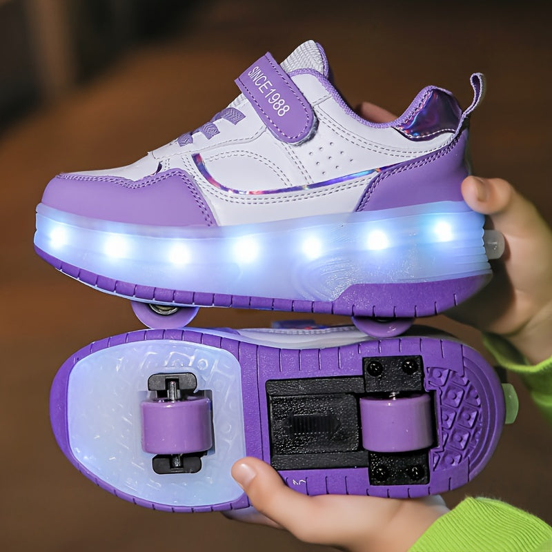 Light-Up Roller Skate Shoes for Kids with Detachable Wheels Purple Rechargeable Sneakers Boys Girls Indoor Outdoor Heelys-Style Footwear Ath