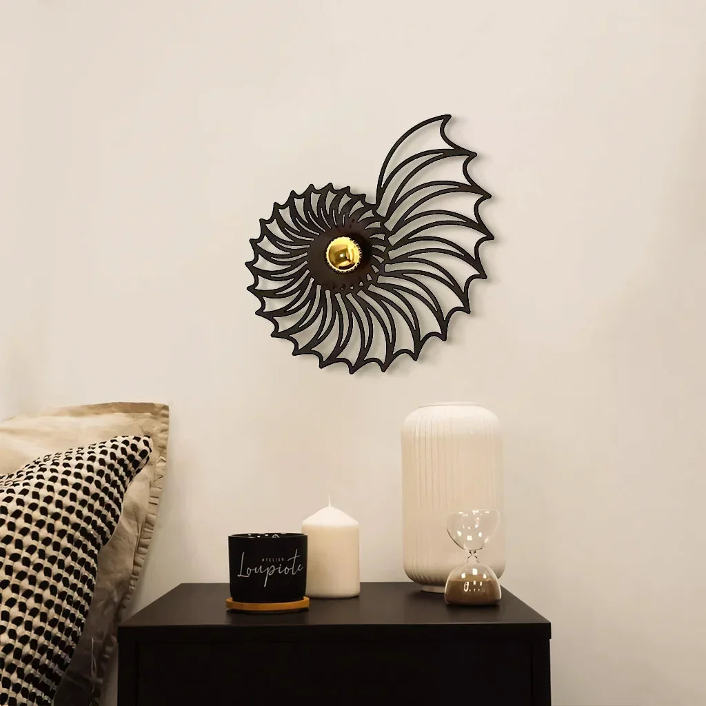 Spiral Shell Accent Sconce with LED – Handcrafted Ceramic & Wood Fixture in Gold or Black for Entryways, Bedrooms & Hallways