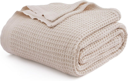 100% Cotton Waffle Weave Throw Blanket Queen King Breathable Lightweight Bed Cover for All Seasons Couch Sofa Bedroom Layering Textured