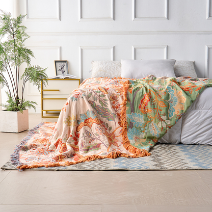 Cotton Throw Blanket with Fringe Tassels Floral Pattern Orange Blue Cream Bohemian Style Couch Sofa Bed Home Decor for Living Room Bedroom