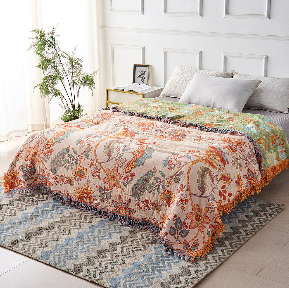 Cotton Throw Blanket with Fringe Tassels Floral Pattern Orange Blue Cream Bohemian Style Couch Sofa Bed Home Decor for Living Room Bedroom