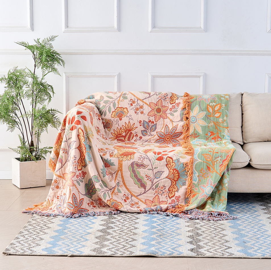 Cotton Throw Blanket with Tassels Floral Pattern Cream Orange Blue for Sofa Couch Bed Living Room Bedroom Bohemian Home Decor Lightweight