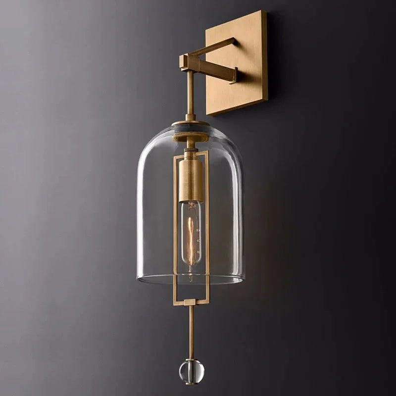 Elongated Glass Bell Sconce with Suspended Copper Frame 23 in Tall for Bedrooms Hallways Living Rooms Modern Vertical Wall Lighting Fixture