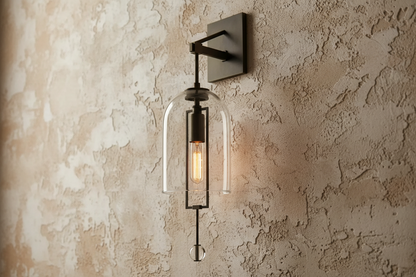 Elongated Glass Bell Sconce with Suspended Copper Frame 23 in Tall for Bedrooms Hallways Living Rooms Modern Vertical Wall Lighting Fixture