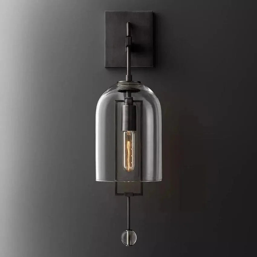 Elongated Glass Bell Sconce with Suspended Copper Frame 23 in Tall for Bedrooms Hallways Living Rooms Modern Vertical Wall Lighting Fixture