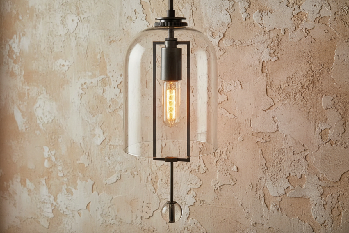 Elongated Glass Bell Sconce with Suspended Copper Frame 23 in Tall for Bedrooms Hallways Living Rooms Modern Vertical Wall Lighting Fixture