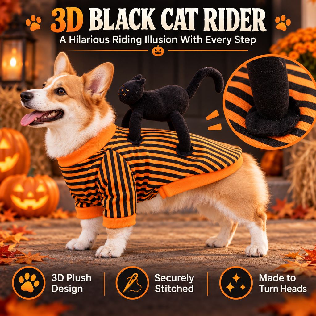 Ortekor Black Cat Rider Halloween Pet Costume - Funny 3D Dog & Cat Outfit for Trick-or-Treating, Parties & Photos with Easy-Movement Design