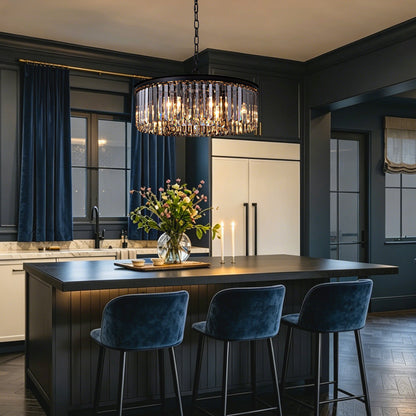 Smoky Gray K9 Crystal Chandelier Round Canopy Pendant for Dining Room Living Room Kitchen Modern Hanging Fixture E12 Bulb Adjustable Chain