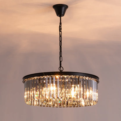 Smoky Gray K9 Crystal Chandelier Round Canopy Pendant for Dining Room Living Room Kitchen Modern Hanging Fixture E12 Bulb Adjustable Chain