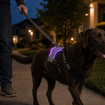 Ortekor Rechargeable LED Dog Harness for Night Walks - Back-Panel Glow & Reflective Webbing for Better Low-Light Visibility