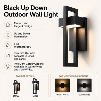 Outdoor Wall Sconce Dual-Beam Light Fixture Black Stainless Steel Weatherproof IP65 Up Down Accent Lighting for Patio Garden Entryway