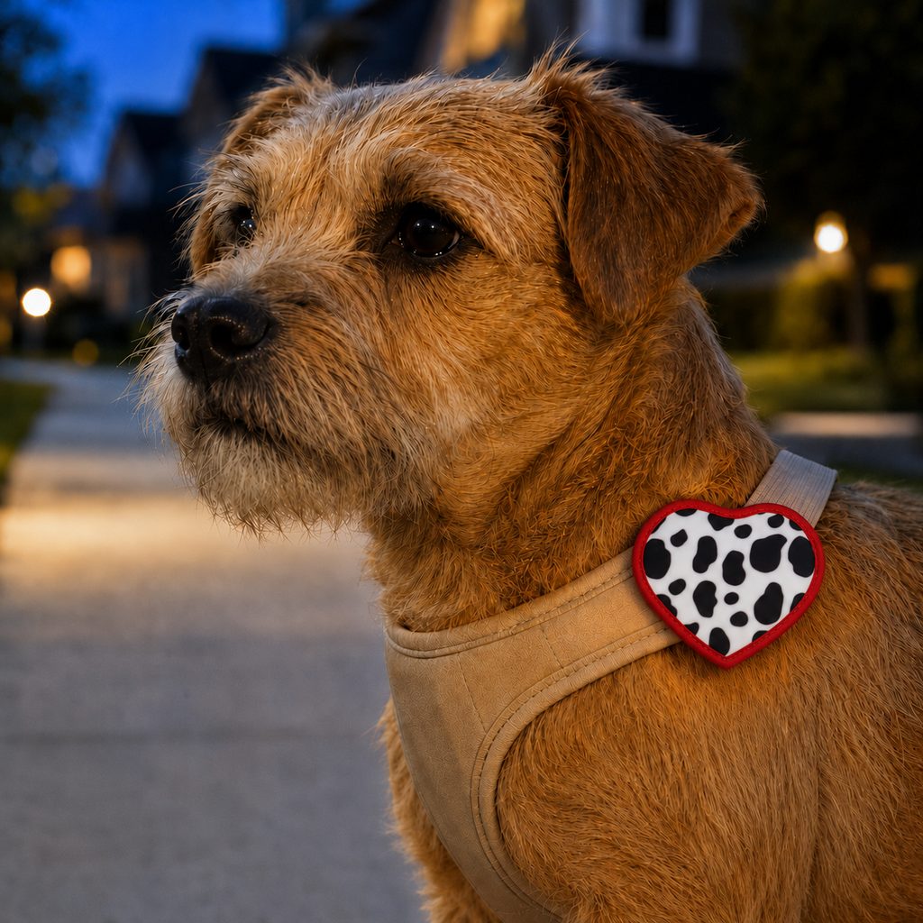 Ortekor Rechargeable Heart Pet Visibility Light for Evening Walks - Soft Wrap-On LED Patch for Collars, Harnesses & Leashes