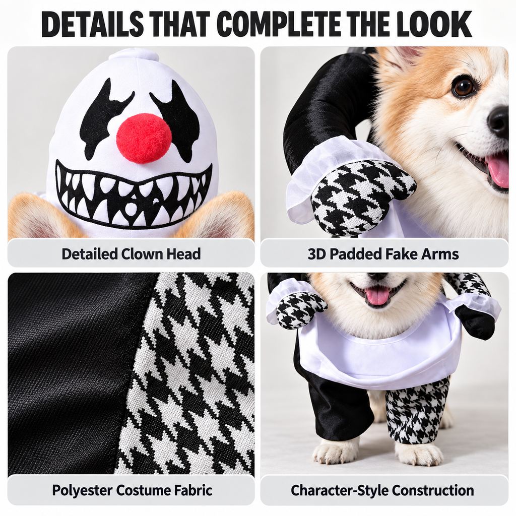 Disfraz de perro de payaso espeluznante Ortekor con brazos falsos: atuendo de Halloween para pedir dulces con un estilo 3D único al caminar