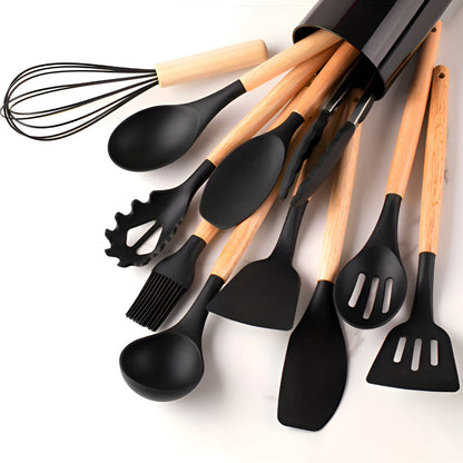 12-Piece Silicone Kitchen Utensil Set with Bamboo Handles and Holder – Heat-Resistant Nonstick Cooking Tools for Home Chefs