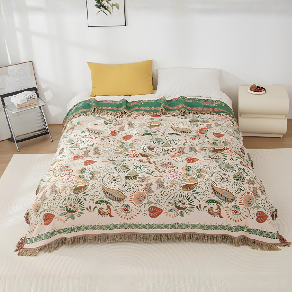 Cotton Gauze Throw with Tassel Trim – Reversible Floral Lightweight Blanket for Couch Sofa Bed – Breathable All-Season Layer