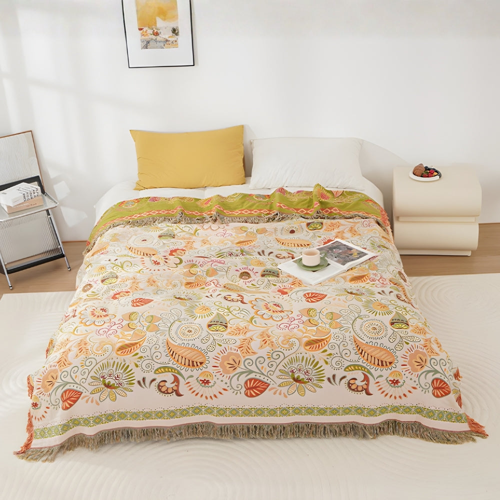 Reversible Cotton Gauze Throw Blanket with Tassels – Floral Boho Design for Couch, Bed & Living Room Decor
