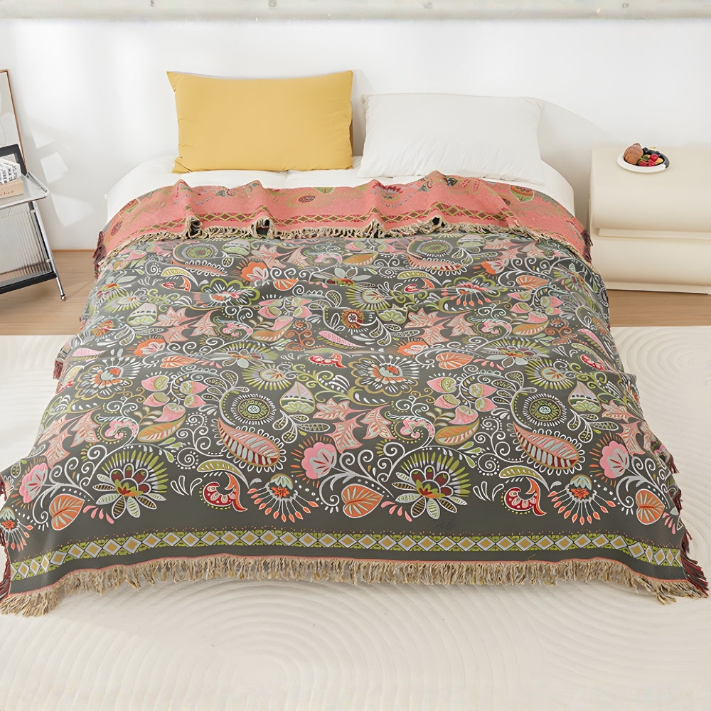 Reversible Cotton Gauze Throw Blanket with Tassels – Floral Boho Design for Couch, Bed & Living Room Decor
