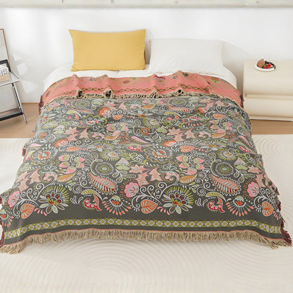 Cotton Gauze Throw with Tassel Trim – Reversible Floral Lightweight Blanket for Couch Sofa Bed – Breathable All-Season Layer