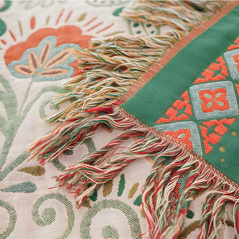 Reversible Cotton Gauze Throw Blanket with Tassels – Floral Boho Design for Couch, Bed & Living Room Decor