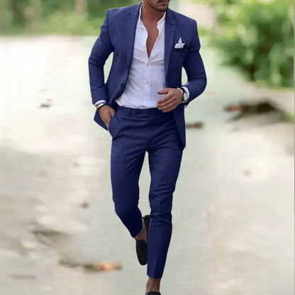 Men's 2-Piece Linen Cotton Suit Set Slim Fit Breathable Single-Breasted Jacket Pants for Summer Weddings Business Casual Outdoor Events