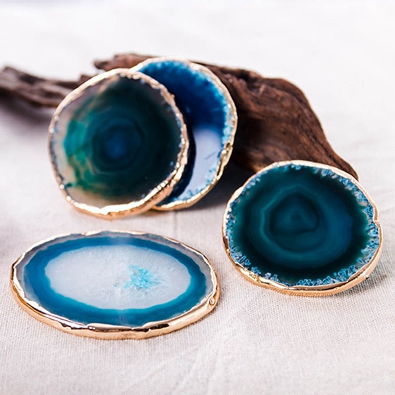 Natural Stone Drink Coasters Set of 2 with Gold-Trimmed Edges for Coffee Table, Dining Room, Kitchen & Bar