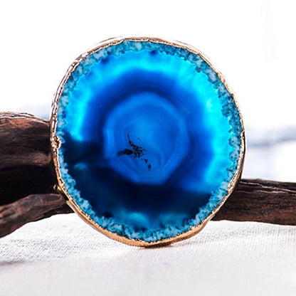 Natural Stone Drink Coasters Gold Rim Blue Geode Slice 3.5 Inch Set Decorative Protection for Coffee Table Kitchen Dining Room Home