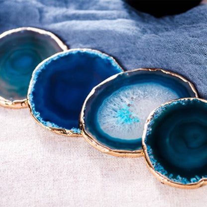 Natural Stone Drink Coasters Gold Rim Blue Geode Slice 3.5 Inch Set Decorative Protection for Coffee Table Kitchen Dining Room Home