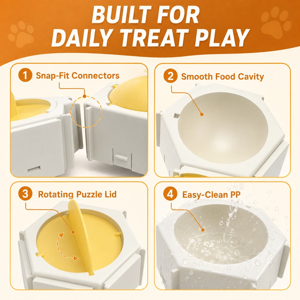 Ortekor Modular Cat Puzzle Feeder Toy for Indoor Treat Time - Hexagon Slow Feeder Enrichment Game to Keep Bored Cats Busy
