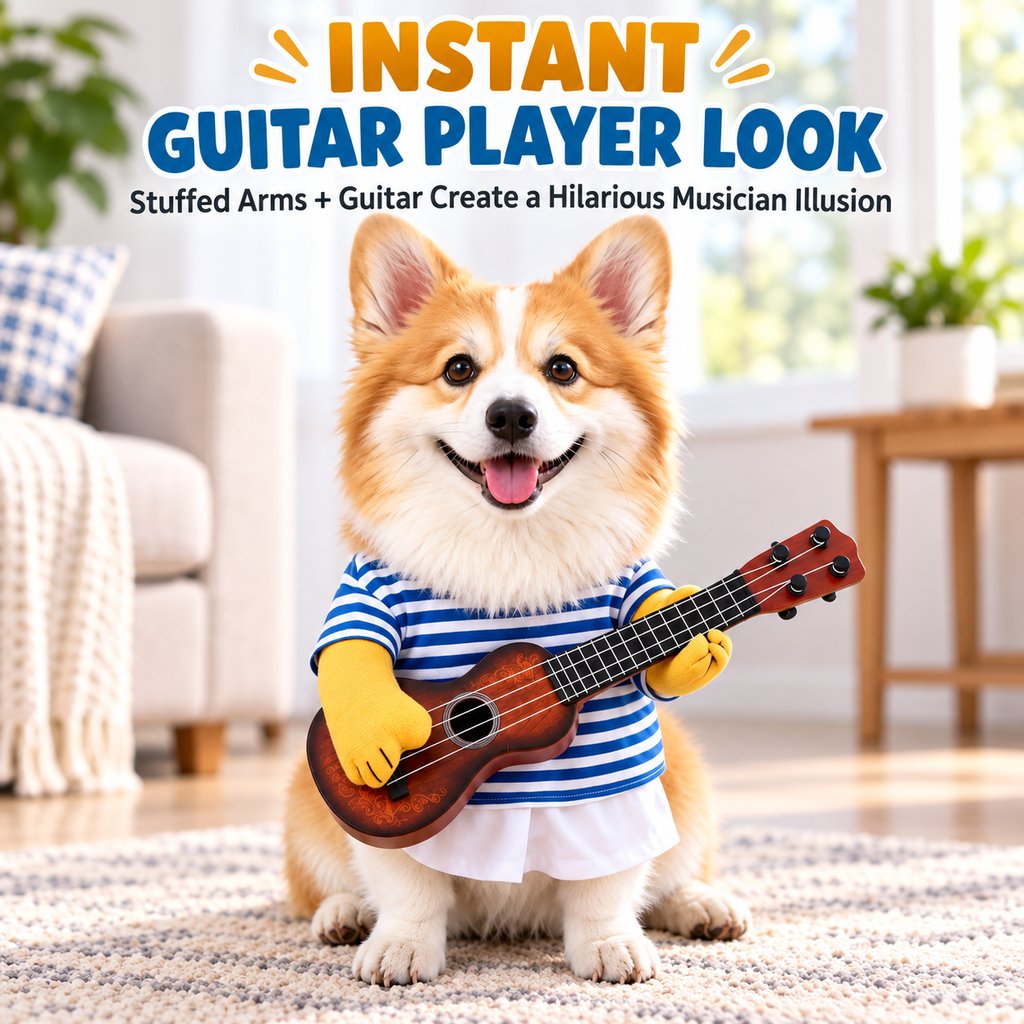Ortekor Funny Guitar Player Dog Costume with Fake Arms & Guitar - Halloween Party Outfit for Instant Photo-Ready Fun