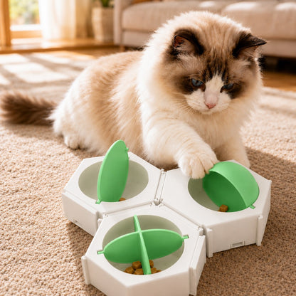 Ortekor Modular Cat Puzzle Feeder Toy for Indoor Treat Time - Hexagon Slow Feeder Enrichment Game to Keep Bored Cats Busy