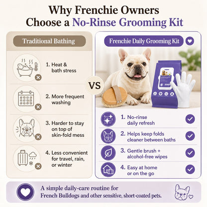 Ortekor Frenchie Daily Grooming Kit for After-Walk & Between-Bath Care - Boar Bristle Brush + Rinse-Free Cleaning Gloves