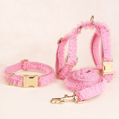 Ortekor Boutique Lace Dog Harness, Collar & Leash Set for Birthday Photos & Daily Walks - 3-Piece Ruffle Walking Set