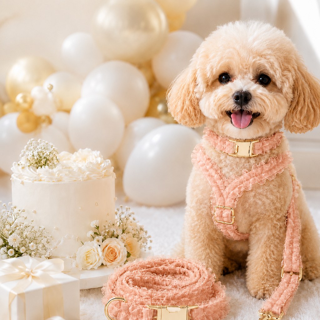 Ortekor Boutique Lace Dog Harness, Collar & Leash Set for Birthday Photos & Daily Walks - 3-Piece Ruffle Walking Set