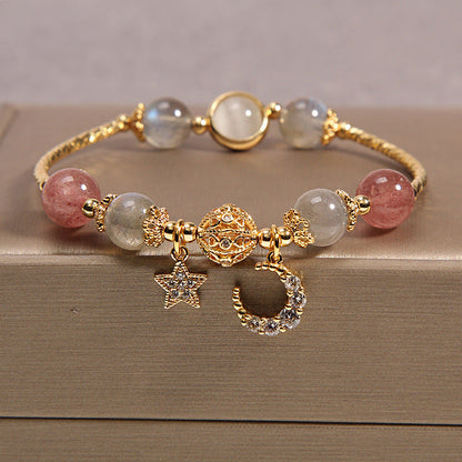 Labradorite & Strawberry Quartz Beaded Bracelet with Moon & Star Charm – Women's Gemstone Jewelry for Meditation & Everyday Wear