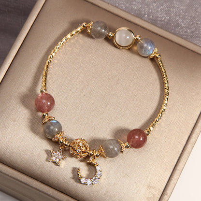 Labradorite & Strawberry Quartz Beaded Bracelet with Moon & Star Charm – Women's Gemstone Jewelry for Meditation & Everyday Wear