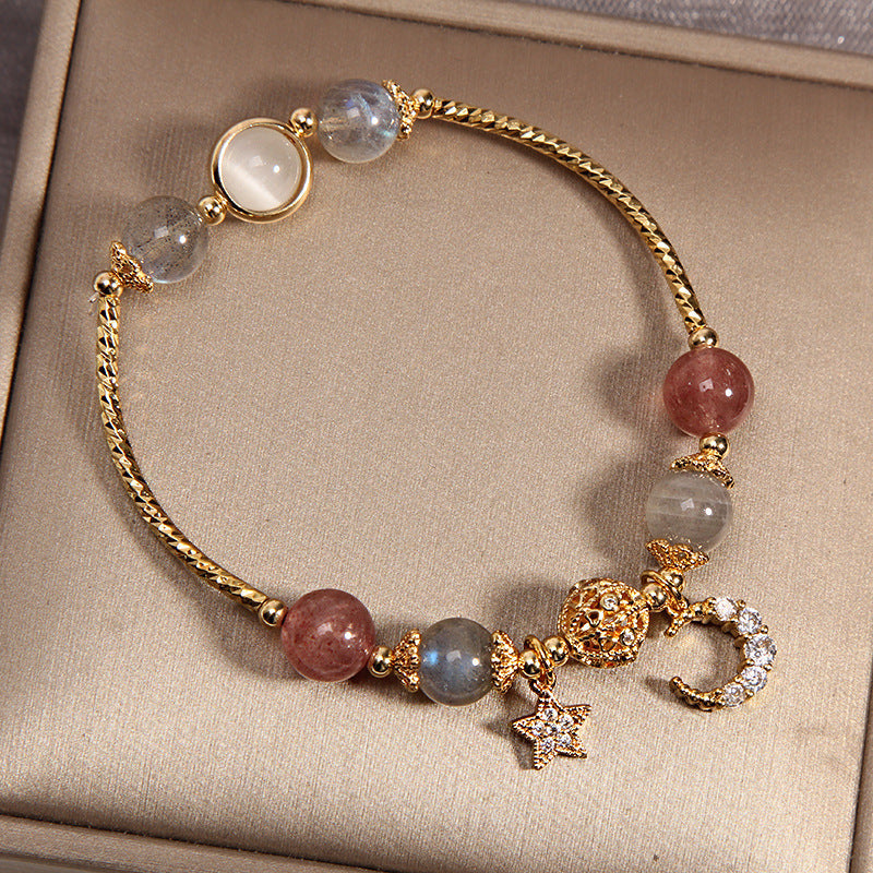 Labradorite & Strawberry Quartz Beaded Bracelet with Moon & Star Charm – Women's Gemstone Jewelry for Meditation & Everyday Wear