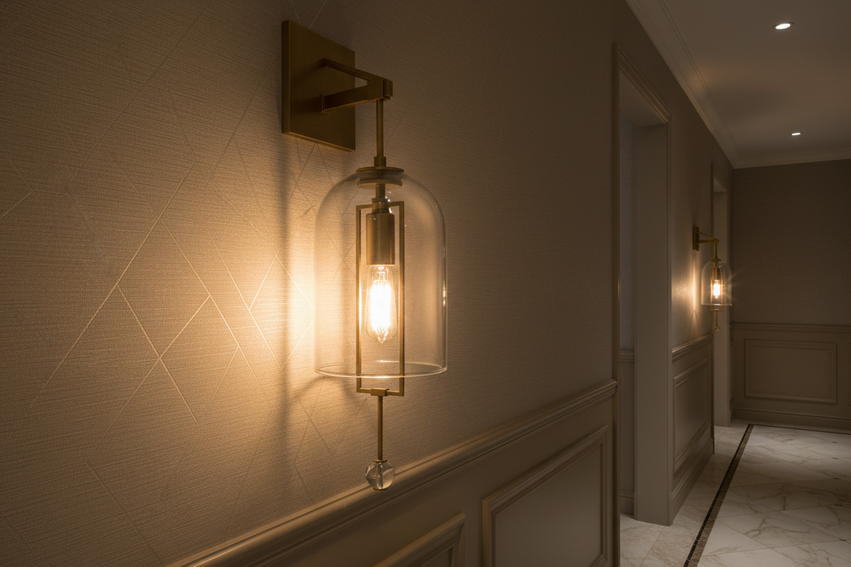 Glass Bell Sconce 23 Inch Tall Clear Shade Copper Metal Frame Wall Light for Bedroom Hallway Modern Ambient Lighting Fixture for Entryway Li