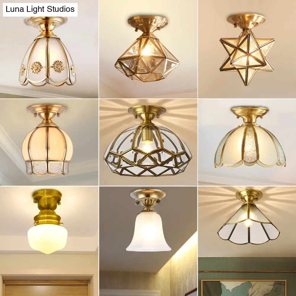 Colonial Scalloped Ceiling Light Brass Finish Semi Flush Mount for Living Room Bedroom Hallway Single Bulb Metal Fixture Traditional