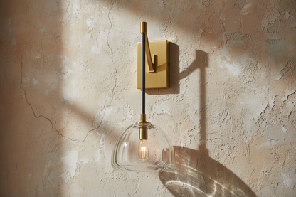 Glass Shade Sconce Light 16 in Copper Arm for Bedroom Hallway Ambient Lighting Fixture Brass Black Metal Industrial Style Wall Mount