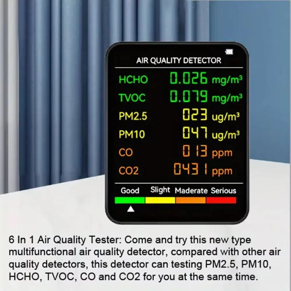 Monitor de calidad del aire interior 6 en 1 con seguimiento en tiempo real de CO2, PM2.5, TVOC, temperatura y humedad para el hogar, la oficina y el dormitorio