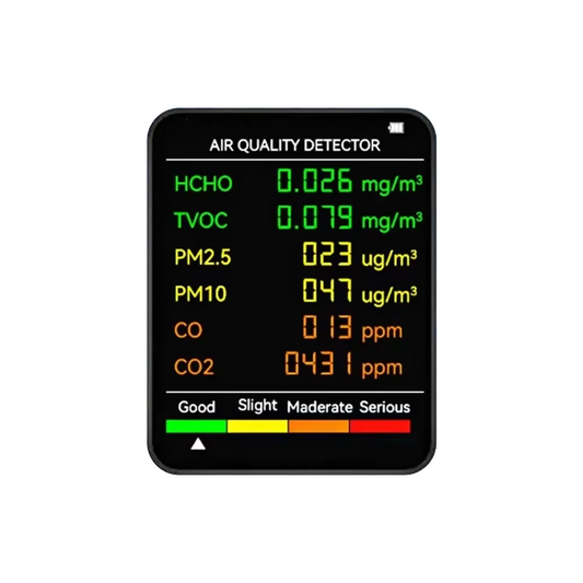 6-in-1 Indoor Air Quality Monitor with Real-Time CO2, PM2.5, TVOC, Temperature & Humidity Tracking for Home, Office & Bedroom