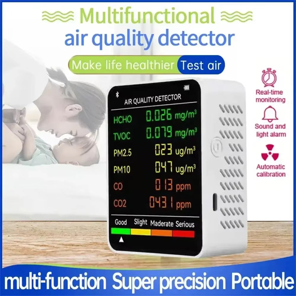 Monitor de calidad del aire interior 6 en 1 con seguimiento en tiempo real de CO2, PM2.5, TVOC, temperatura y humedad para el hogar, la oficina y el dormitorio