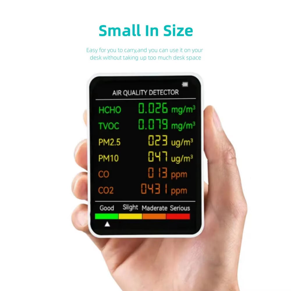Monitor de calidad del aire interior 6 en 1 con seguimiento en tiempo real de CO2, PM2.5, TVOC, temperatura y humedad para el hogar, la oficina y el dormitorio