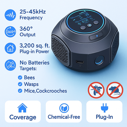 360-Degree Ultrasonic Insect Repeller for Patios, Decks & Outdoor Spaces – Chemical-Free Flying Bug Control for Yards & Porches