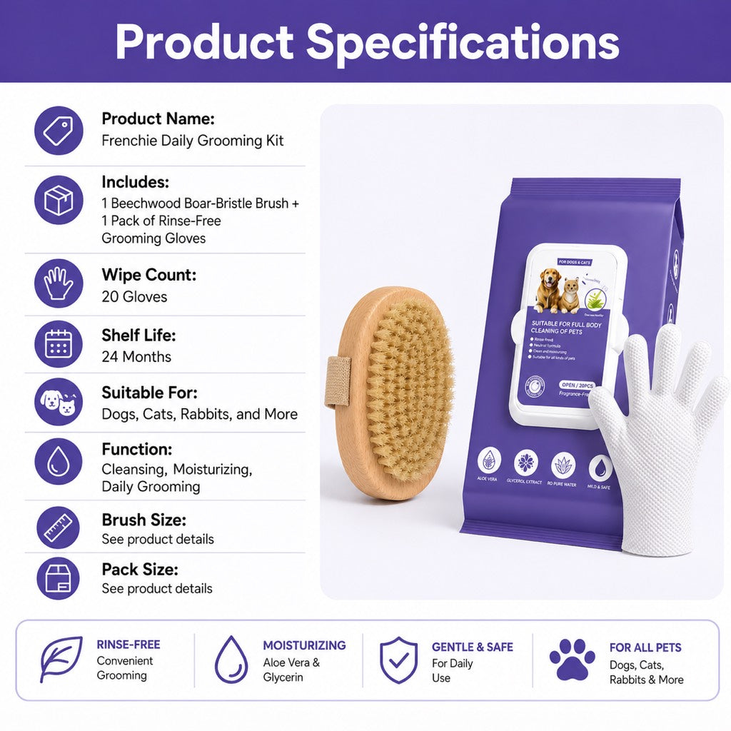 Ortekor Frenchie Daily Grooming Kit for After-Walk & Between-Bath Care - Boar Bristle Brush + Rinse-Free Cleaning Gloves