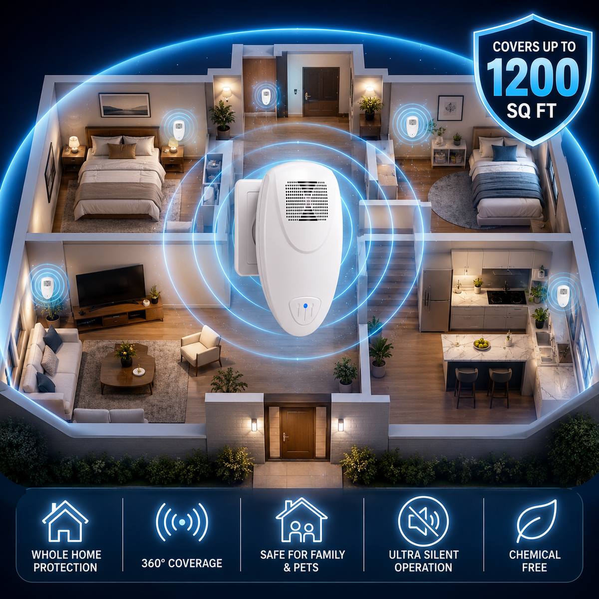 Plug-In Ultrasonic Pest Deterrent Device for Bedrooms & Living Rooms – Silent Electronic Indoor Insect Repellent for Homes, Apartments, Hote