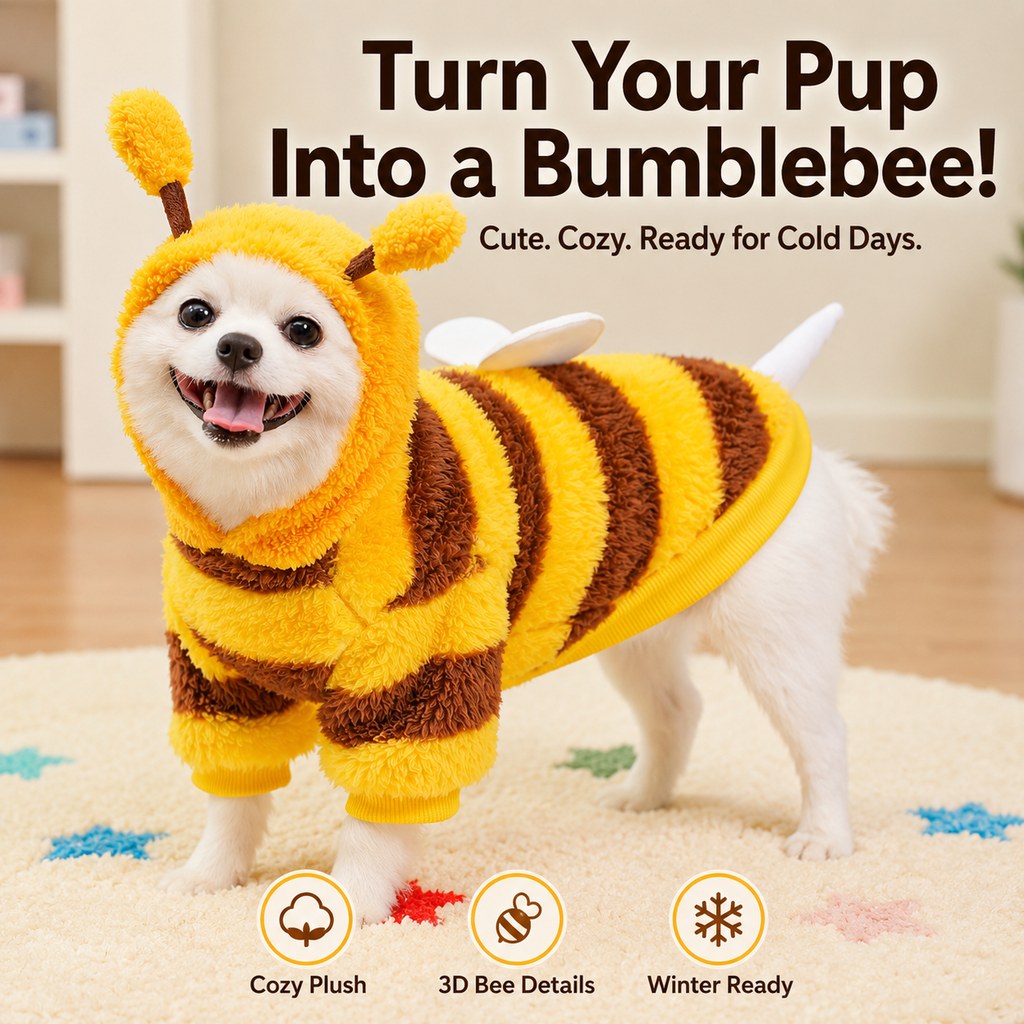 Ortekor Bumblebee Dog Costume for Small Dogs - Warm Plush Winter Outfit for Halloween, Photos & Chilly Days