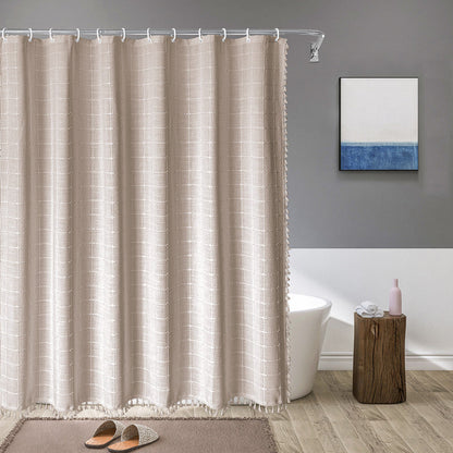 Waterproof Bath Curtain with Tassel Trim 71 x 79 Inches Gray Woven Linen Privacy Screen for Bohemian Bathrooms Country Style Decor Machine W