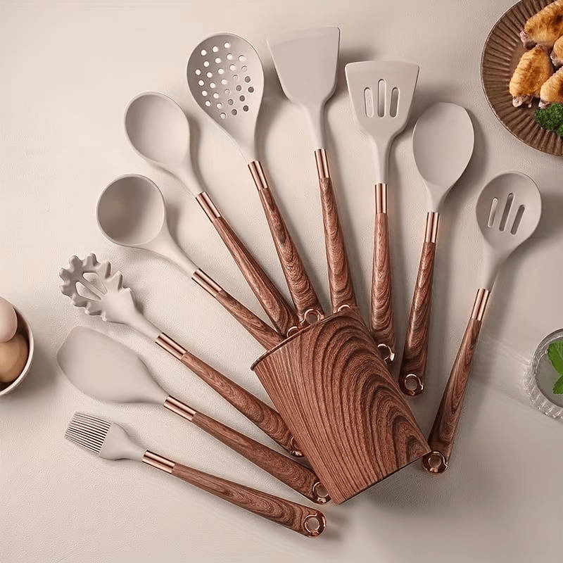Cooking Utensil Set 10-Piece Heat Resistant Silicone Tools Non-Stick Safe Ergonomic Wood Grain Handles for Baking Serving Everyday Kitchen U